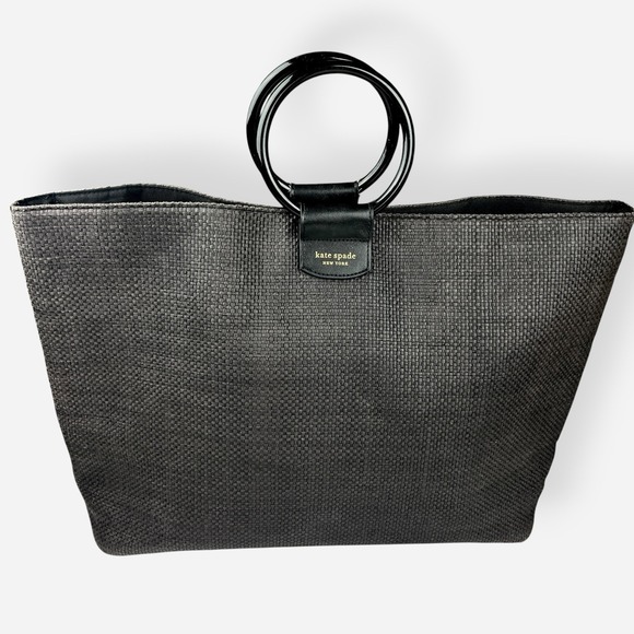 KATE SPADE Woven Black Straw Raffia Look Tote Bag Shopper Hoop RING Handle Large - Picture 1 of 12